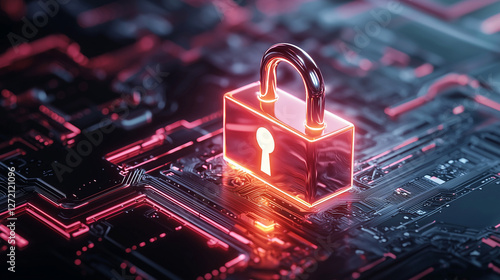 Cybersecurity: glowing digital lock, network protection, futuristic design.