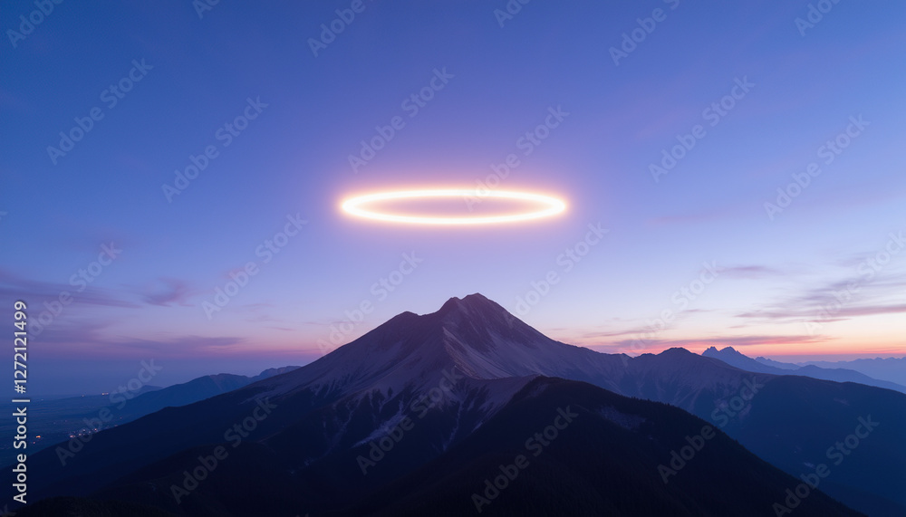 Obraz premium Mountain silhouette under glowing halo in twilight sky