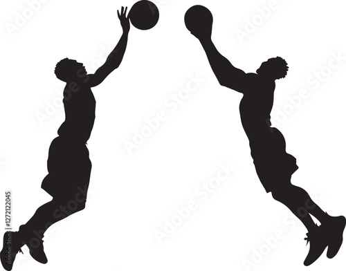 Silhouette of two basketball players in mid-air, preparing to pass the ball.