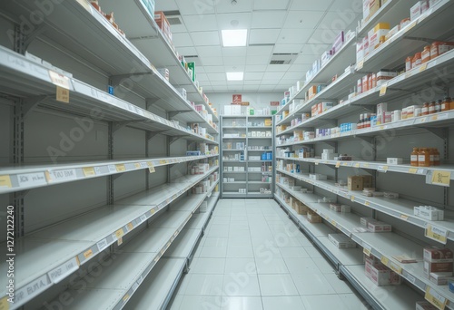 Partially empty pharmacy shelves in a well-lit store.