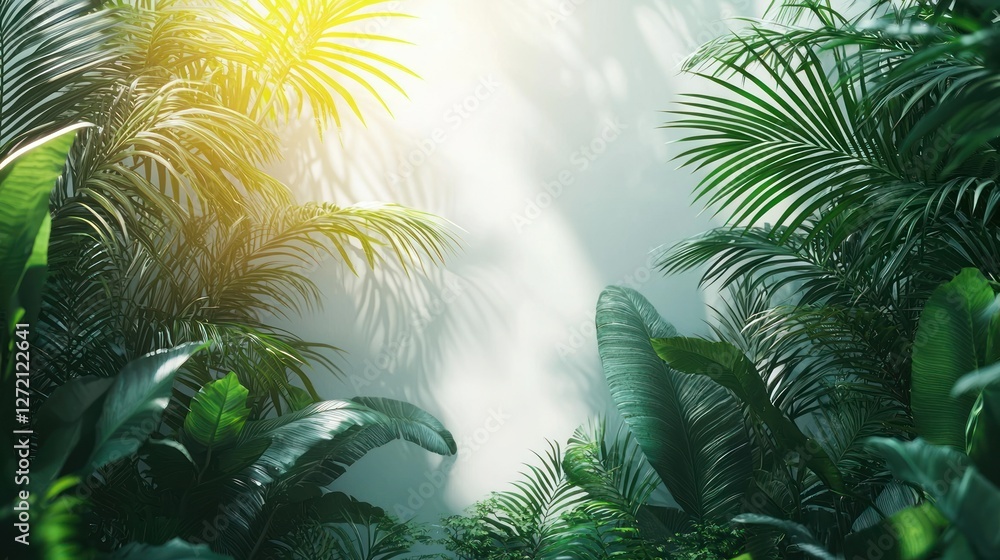 Fototapeta premium Tropical foliage casts shadows on a light wall