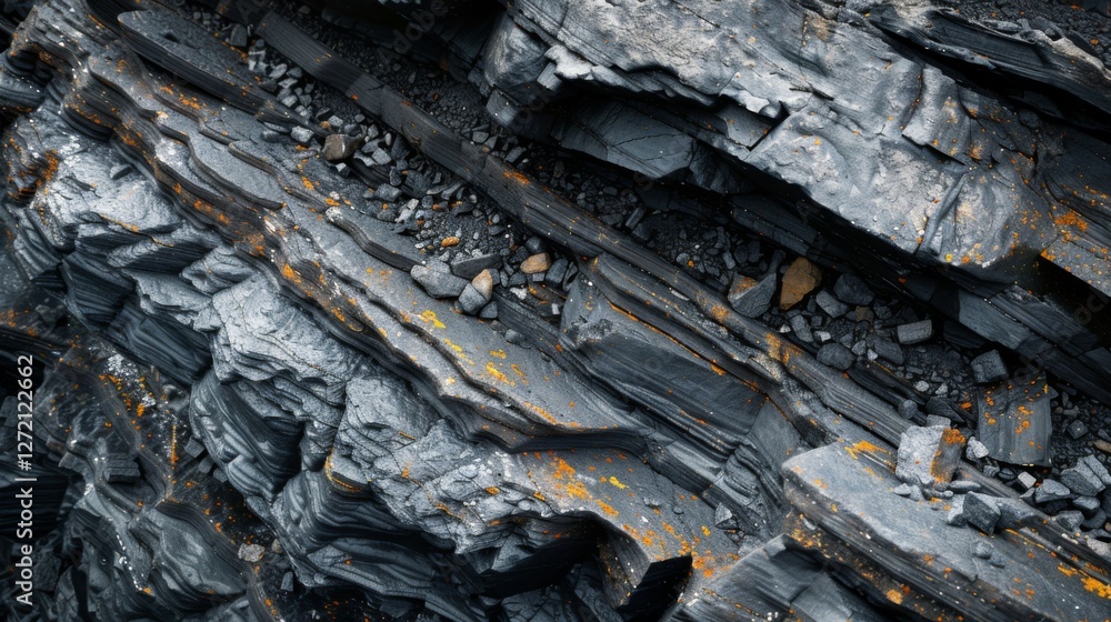 Close up view of unique rock layers highlighting the contrast between dark minerals and patches of orange lichen, illustrating geological processes in a natural setting under sunlight. Close up view of unique rock layers highlighting the contrast between dark minerals and patches of orange lichen, illustrating geological processes in a natural setting under sunlight.