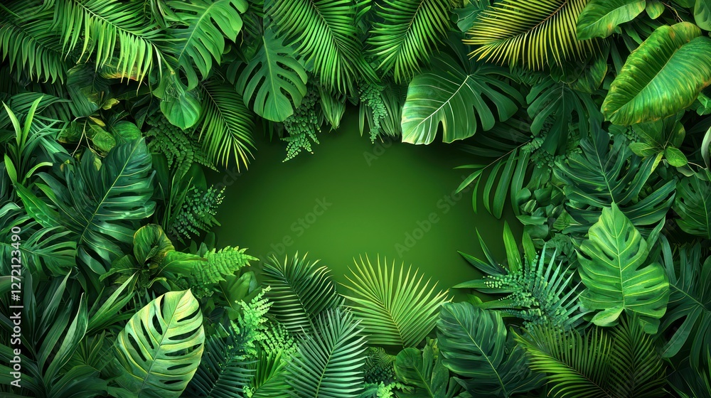 Tropical foliage frame, vibrant green, lush backdrop, empty center Tropical foliage frame, vibrant green, lush backdrop, empty center