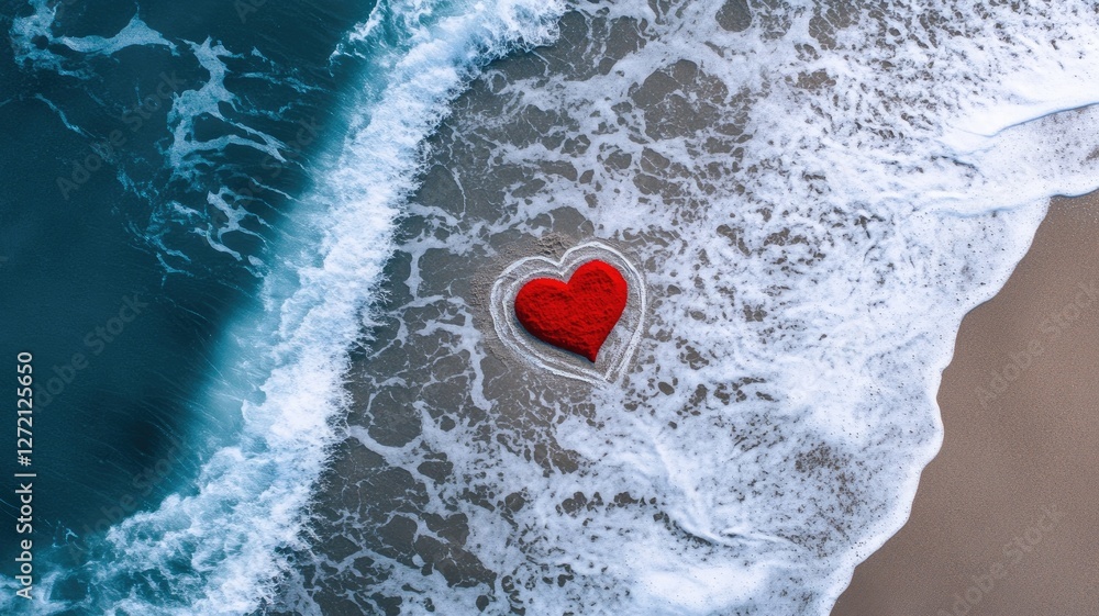 Fototapeta premium Red heart on beach shore, waves surrounding sand art