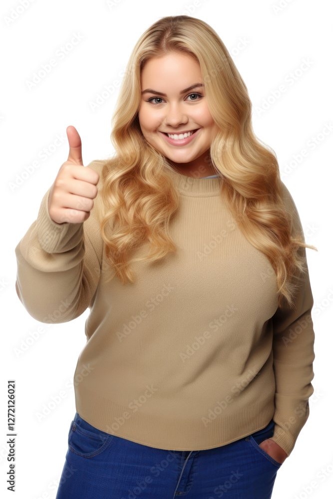 PNG A chubby overweight young woman showing thumb up like gesture looking at the camera portrait sweater finger. PNG A chubby overweight young woman showing thumb up like gesture looking at the camera portrait sweater finger.
