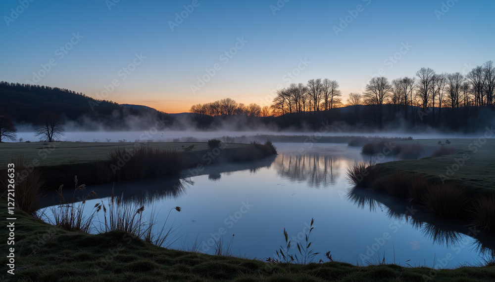 Misty river landscape at dawn with trees Misty river landscape at dawn with trees