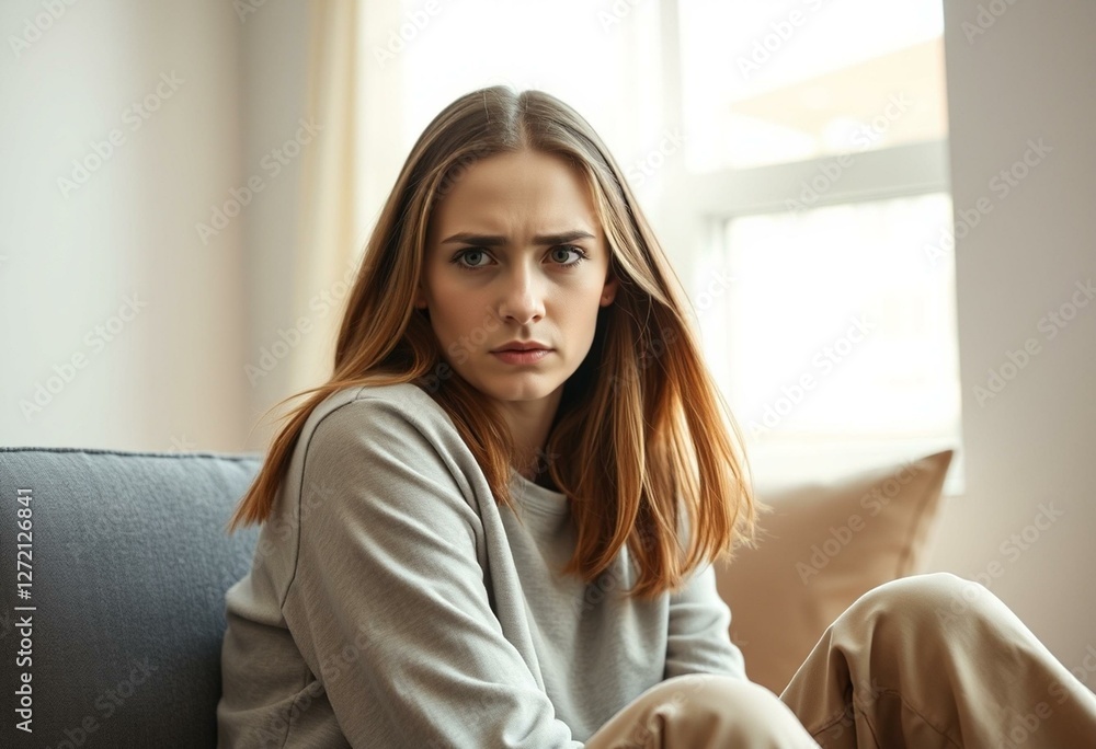 Nervous young woman in a well-lit room Nervous young woman in a well-lit room