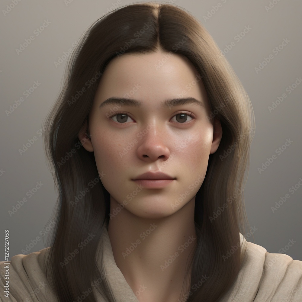 Fototapeta premium A highly detailed, hyper-realistic close-up portrait of an AI-generated human face. This digital artwork features lifelike skin textures, expressive eyes, and natural lighting.
