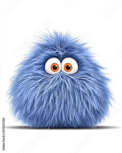 Cute Blue Fluffy Monster with Big Eyes on White Background