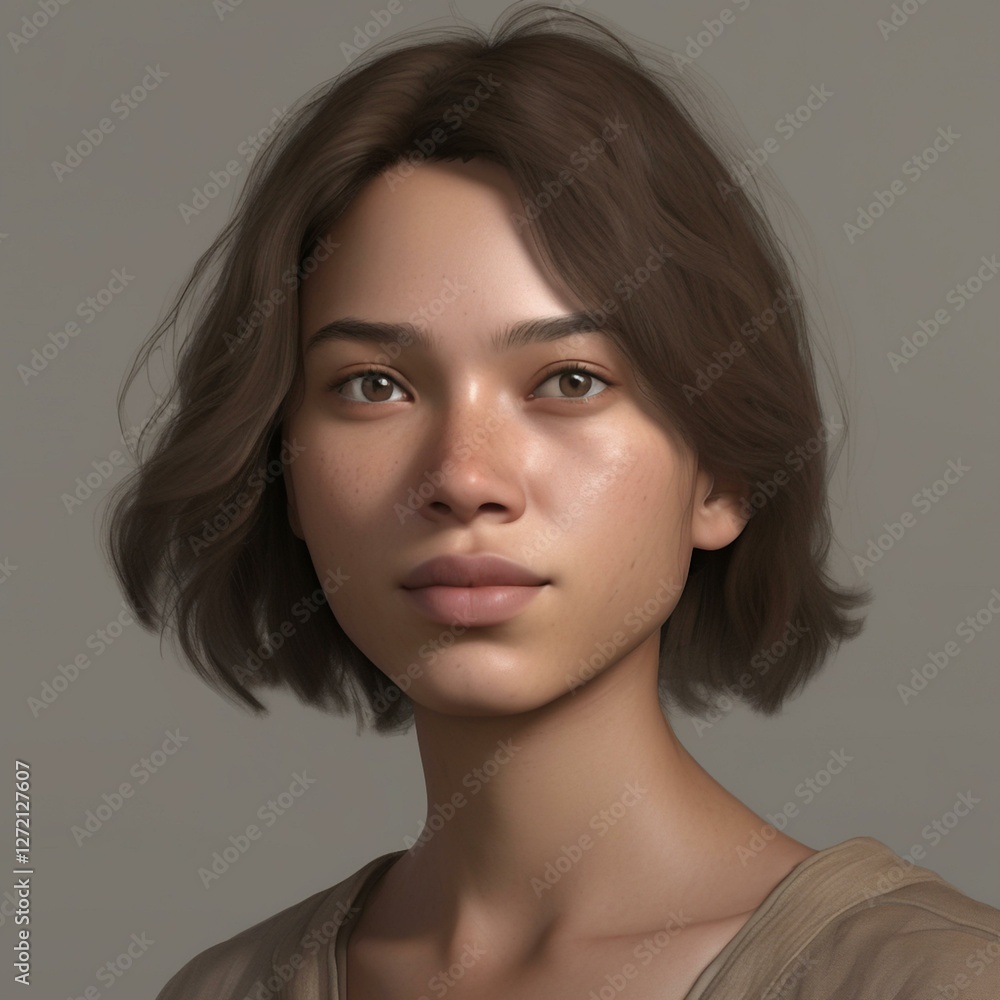 Fototapeta premium A highly detailed, hyper-realistic close-up portrait of an AI-generated human face. This digital artwork features lifelike skin textures, expressive eyes, and natural lighting.