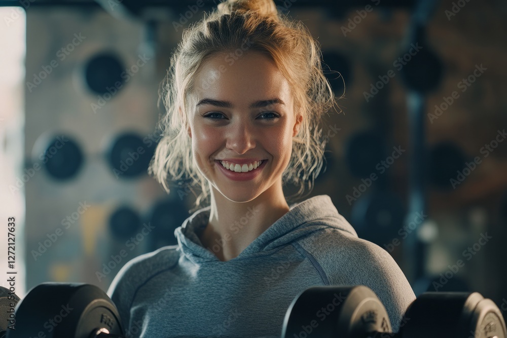 Young woman smiles while lifting weights in a gym during a workout session early in the morning, showcasing fitness and strength training activities