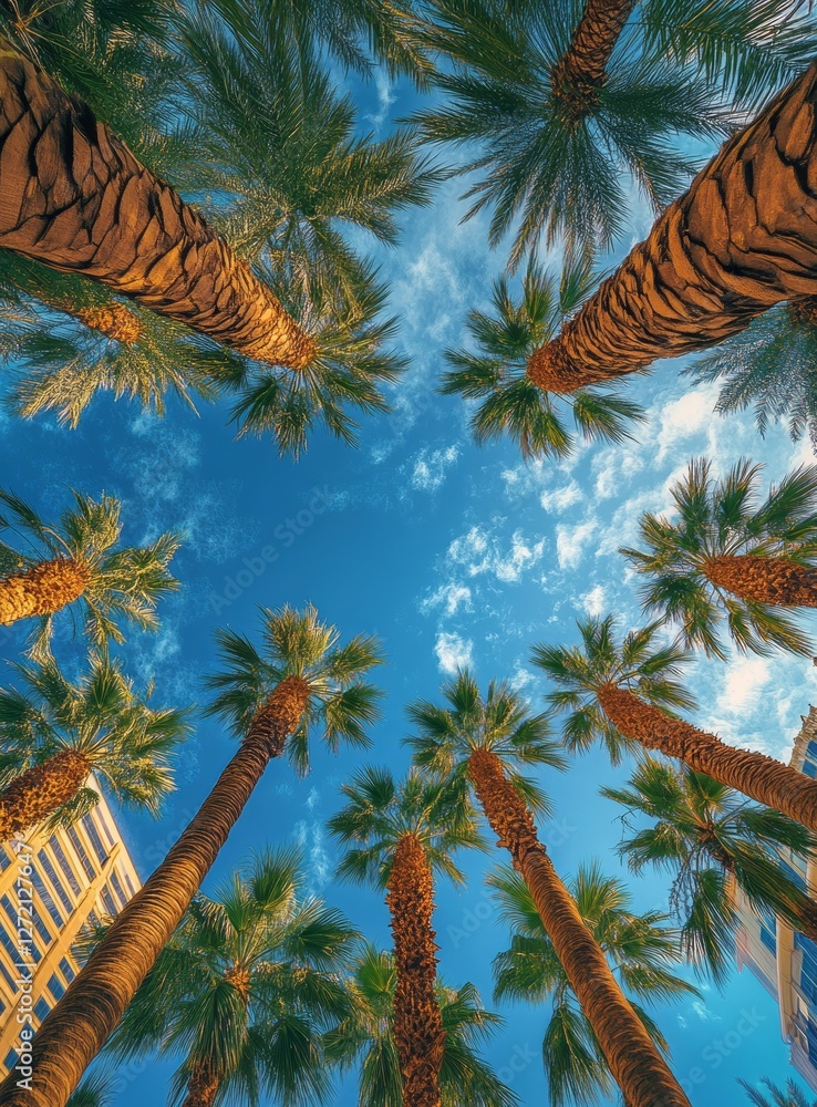 Palm trees reach for the clear blue sky in a vibrant urban setting capturing a sunny day in the heart of the city