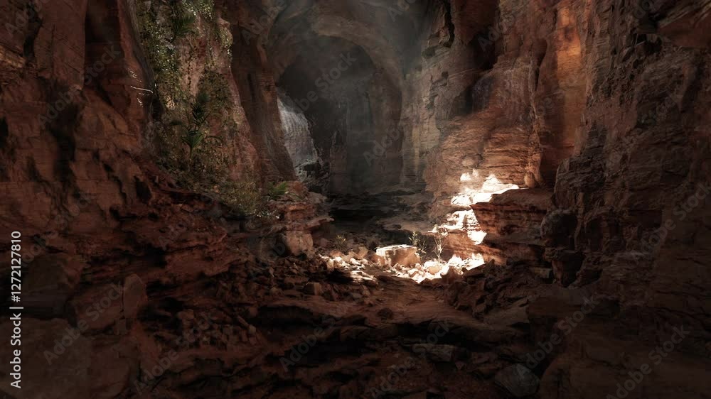 A stunning view of a cave with rugged walls and a rocky floor, where sunlight filters through, creating a mystical atmosphere. Vegetation peeks through the rocky formations, enhancing its beauty. A stunning view of a cave with rugged walls and a rocky floor, where sunlight filters through, creating a mystical atmosphere. Vegetation peeks through the rocky formations, enhancing its beauty.