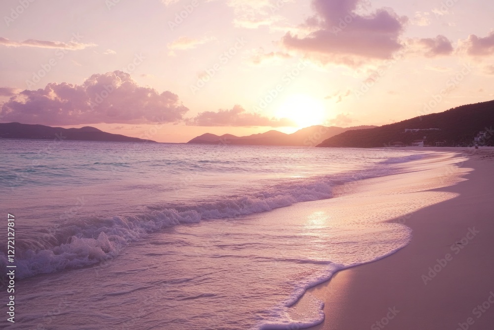 Sunset casting a warm glow over the tranquil beach waters with gentle waves lapping against the shore at twilight