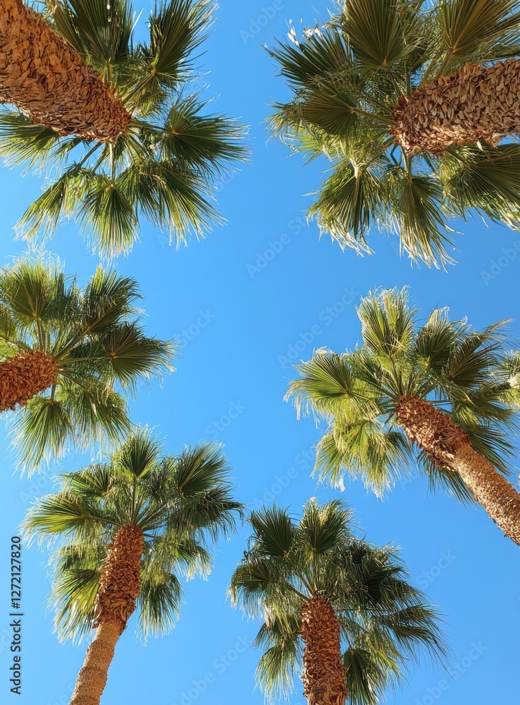 Tall palm trees reach towards a clear blue sky in a sunny outdoor setting during the afternoon in a tropical location