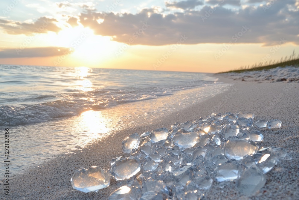 As the sun sets behind the calm, serene sea, crystal-like fragments shimmer brilliantly along the shoreline, creating a breathtaking view