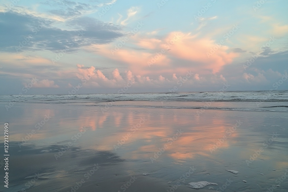 Beautiful sunset reflecting on calm ocean waves with pastel colors at the beach creating a serene atmosphere in the evening sky