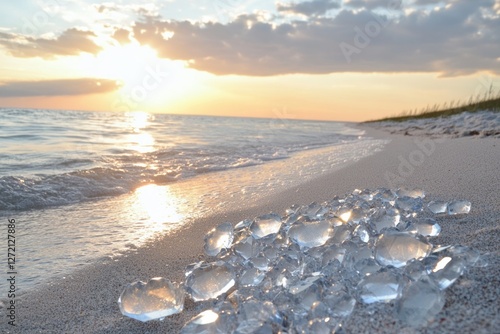 Obraz na płótnie As the sun sets behind the calm, serene sea, crystal-like fragments shimmer brilliantly along the shoreline, creating a breathtaking view w salonie
