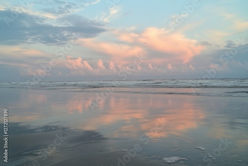 Obraz na płótnie Beautiful sunset reflecting on calm ocean waves with pastel colors at the beach creating a serene atmosphere in the evening sky w salonie