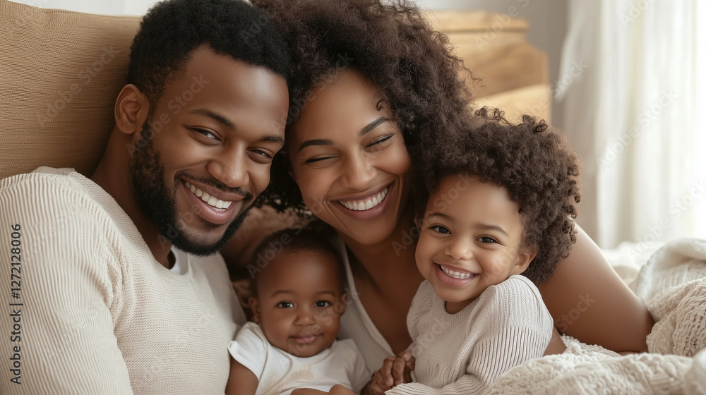 Happy family relaxing together on bed in their living room. Happy family relaxing together on bed in their living room.