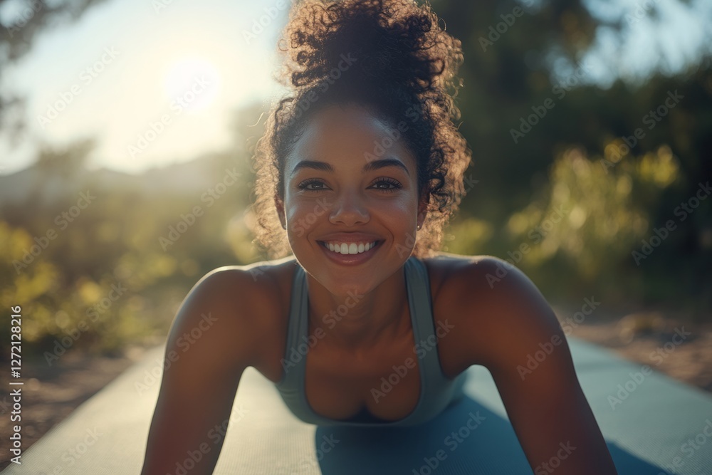 Woman practicing yoga outdoors during golden hour with sun shining and smiling confidently at the camera