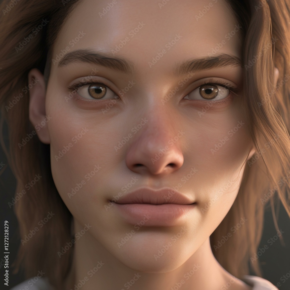 Fototapeta premium A highly detailed, hyper-realistic close-up portrait of an AI-generated human face. This digital artwork features lifelike skin textures, expressive eyes, and natural lighting.