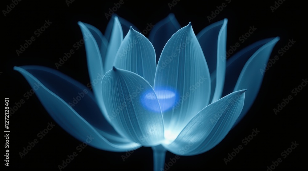 A delicate, transparent lotus in royal blue and white, displayed via x-ray style macro photography, exuding minimalistic grace on a black background. A delicate, transparent lotus in royal blue and white, displayed via x-ray style macro photography, exuding minimalistic grace on a black background.
