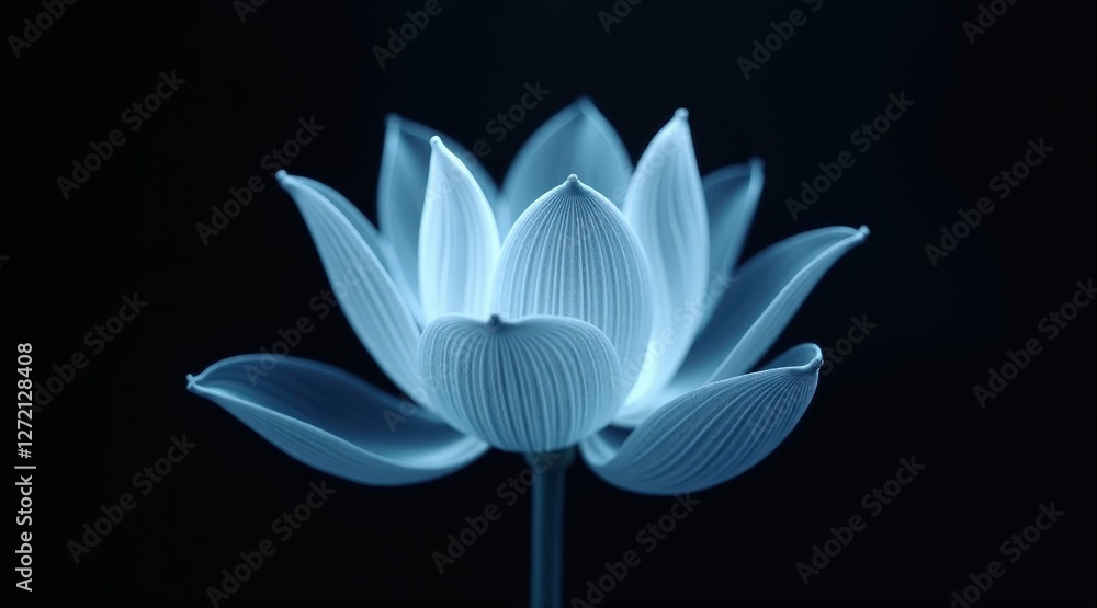 An ethereal x-ray lotus in white and regal blue, set by the rule of thirds on black, capturing sculptural minimalism and luminous elegance. An ethereal x-ray lotus in white and regal blue, set by the rule of thirds on black, capturing sculptural minimalism and luminous elegance.
