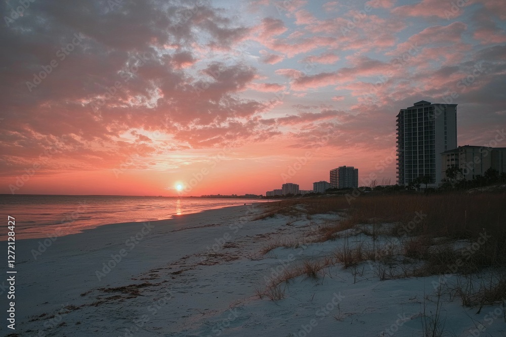 Sunset over a tranquil beach with silhouetted buildings in the background and soft clouds in the sky