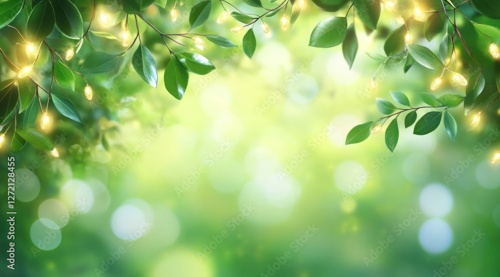 Soft green foliage adorned with glowing lights creates a warm, inviting atmosphere in a tranquil outdoor setting during dusk