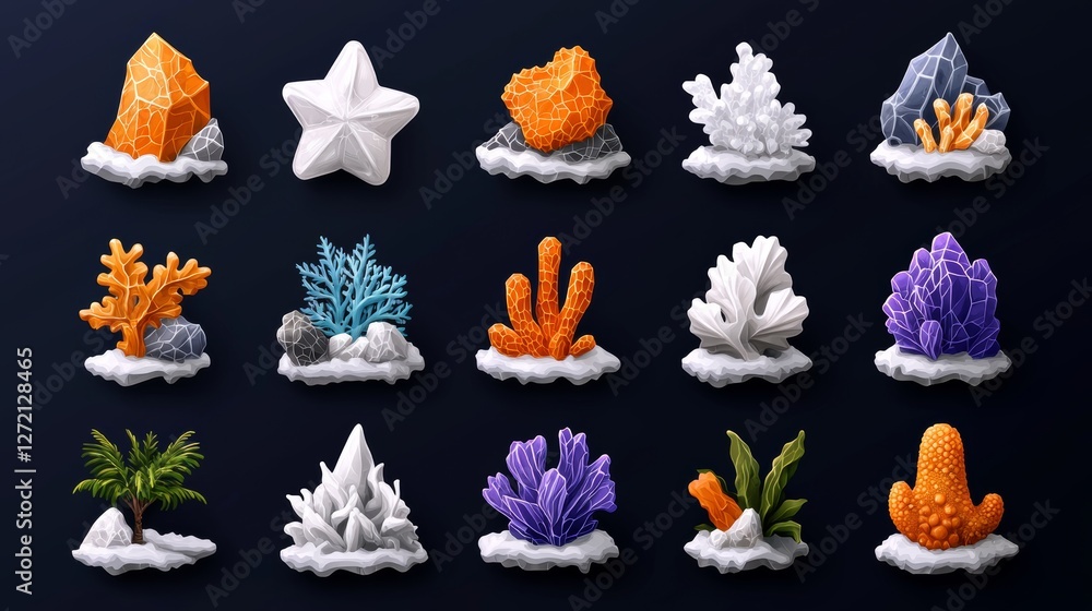 Fototapeta premium Colorful 3D Geometric Mineral and Coral Collection on Dark Background
