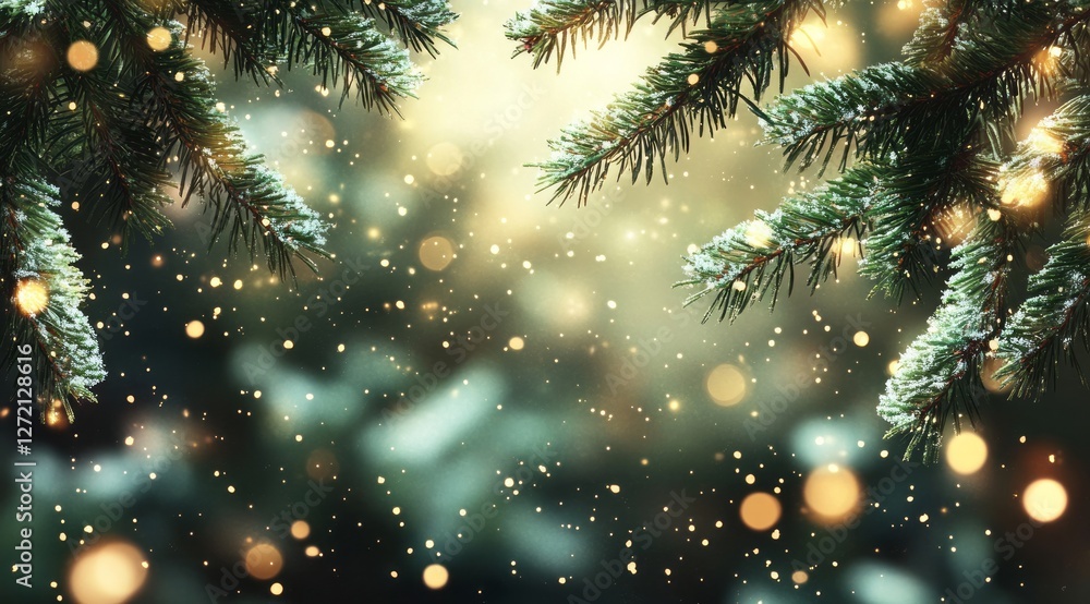 Christmas lights glow softly while snow gently falls among evergreen branches creating a magical winter atmosphere during the holiday season