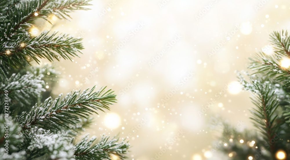 Snow-dusted evergreen branches sparkle with holiday lights, creating a cozy winter atmosphere in a softly lit background