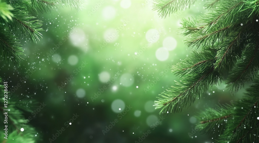 Soft sunlight filters through evergreen branches creating a serene atmosphere in a lush green forest during a tranquil morning