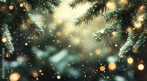 Obraz na płótnie Christmas lights glow softly while snow gently falls among evergreen branches creating a magical winter atmosphere during the holiday season w salonie