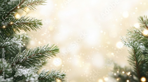 Obraz na płótnie Snow-dusted evergreen branches sparkle with holiday lights, creating a cozy winter atmosphere in a softly lit background w salonie