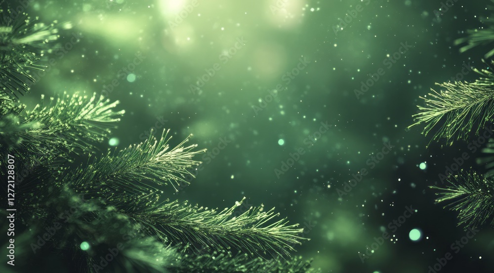 Delicate snowflakes gracefully descend upon the rich green pine branches, creating a tranquil winter scene adorned with twinkling frost