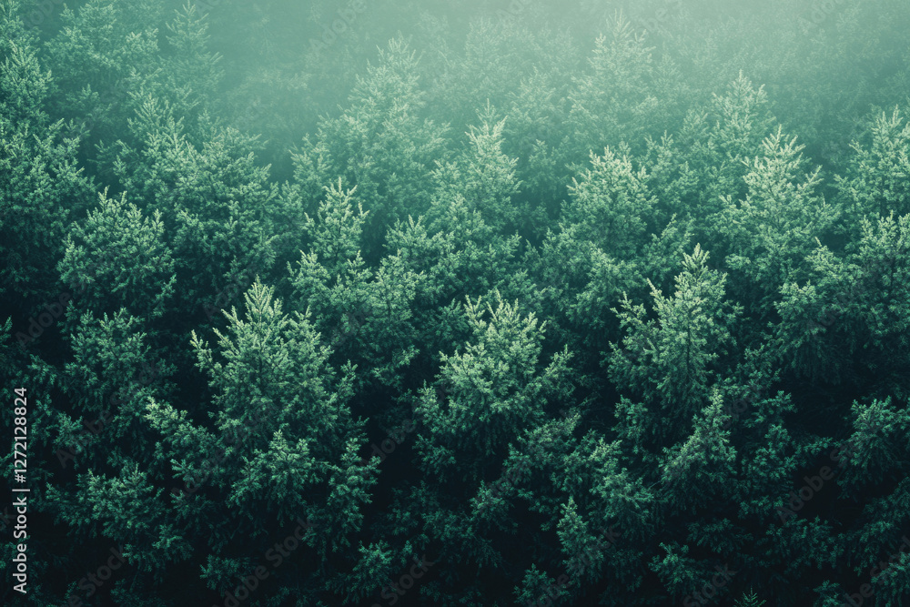 Fototapeta premium Dense evergreen forest shrouded in mist, aerial view showcasing lush green canopy.