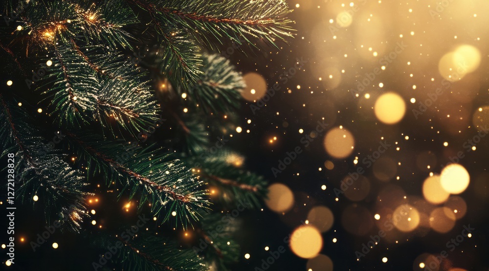 Festive Christmas tree branches adorned with sparkling lights and snowflakes creating a warm holiday atmosphere