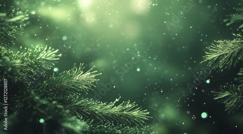 Delicate snowflakes gracefully descend upon the rich green pine branches, creating a tranquil winter scene adorned with twinkling frost