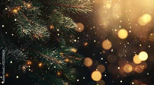 Obraz na płótnie Festive Christmas tree branches adorned with sparkling lights and snowflakes creating a warm holiday atmosphere w salonie
