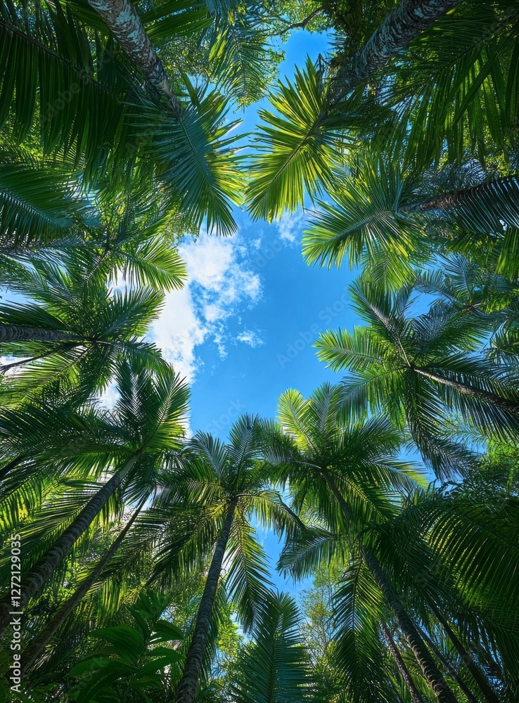 Sunlight filters through lush palm trees, revealing a vibrant blue sky above a tropical rainforest at midday