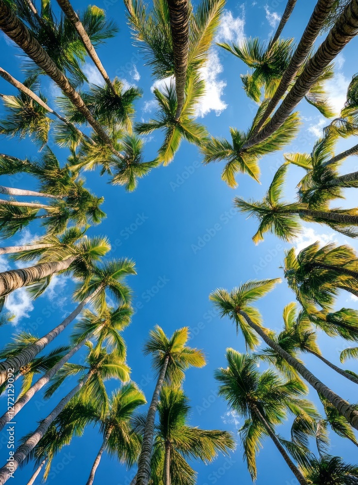 Tall palm trees stretch majestically towards the bright, clear blue sky, forming a peaceful, tranquil canopy in a lush tropical paradise
