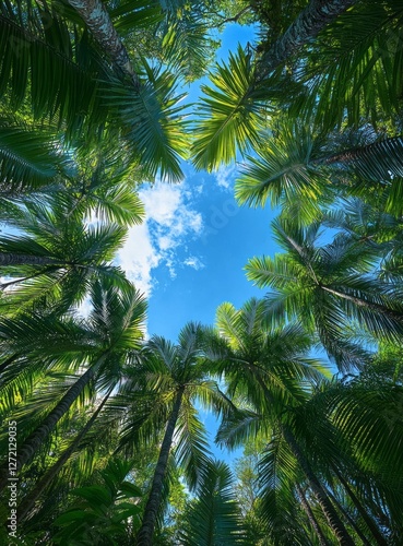 Obraz na płótnie Sunlight filters through lush palm trees, revealing a vibrant blue sky above a tropical rainforest at midday w salonie