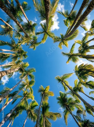 Tall palm trees stretch majestically towards the bright, clear blue sky, forming a peaceful, tranquil canopy in a lush tropical paradise