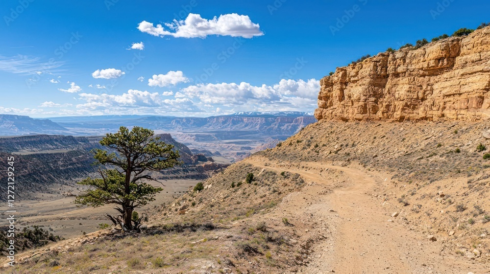 High Angle View of a Desert Canyon Landscape with a Dirt Trail High Angle View of a Desert Canyon Landscape with a Dirt Trail