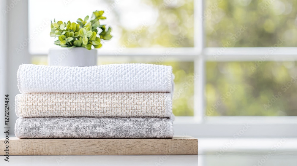Stacked bath towels on wood, plant, window Stacked bath towels on wood, plant, window