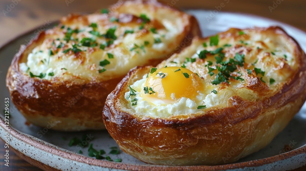 Two perfectly baked cheese boats sit elegantly on a rustic plate, their golden crusts cradling creamy cheese and vibrant egg yolks Two perfectly baked cheese boats sit elegantly on a rustic plate, their golden crusts cradling creamy cheese and vibrant egg yolks