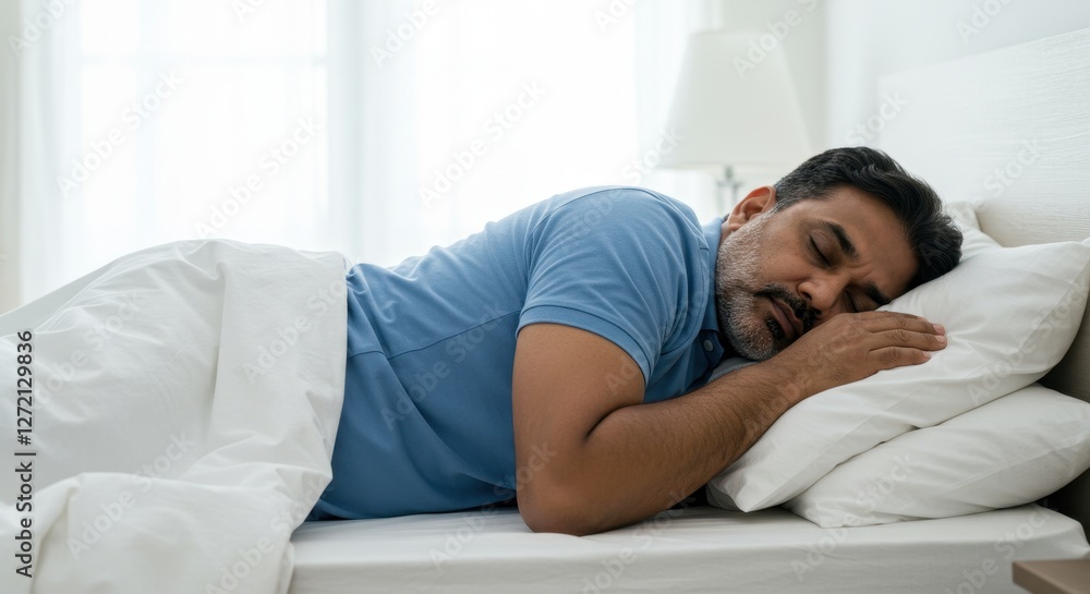 A man rests comfortably on a pillow in a sunlit bedroom, enjoying a peaceful morning nap A man rests comfortably on a pillow in a sunlit bedroom, enjoying a peaceful morning nap