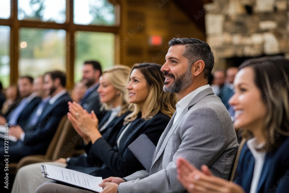 Professional seminar setting with a diverse group of business attendees, enthusiastically applauding a speaker, ultra-clear and detailed, warm and inviting professional atmosphere Professional seminar setting with a diverse group of business attendees, enthusiastically applauding a speaker, ultra-clear and detailed, warm and inviting professional atmosphere